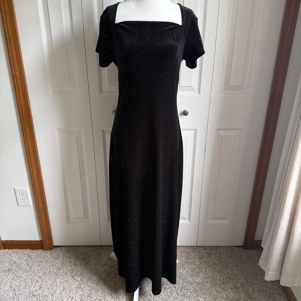 Vintage 90s black square neck maxi dress w/silver sparkly glitter size 8